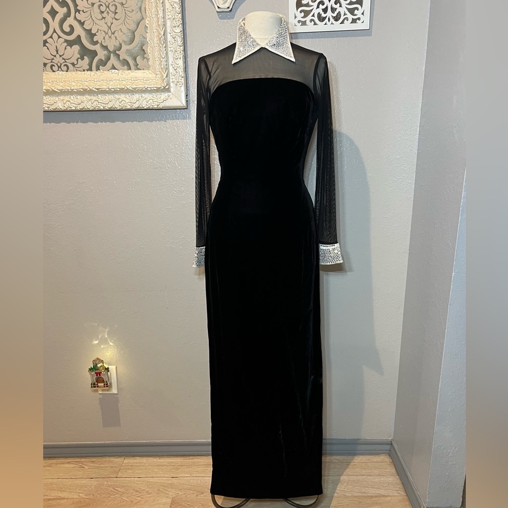 Michael Casey Black Velvet Dress with Sheer Sleeves and Crystals - Picture 6 of 15